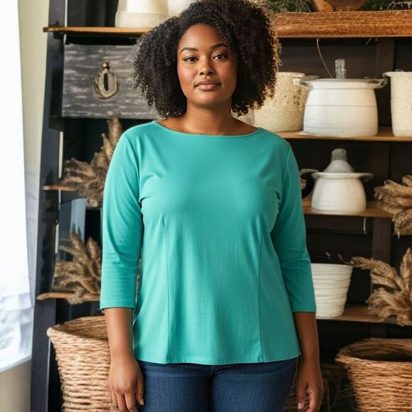 Laura Byrnes Zipper Back Top 4X Plus Size Blouse Aqua Pinup Girl Jersey Knit - Picture 12 of 16